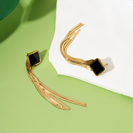 Aretes Largos De Borla Con Diseño Clásico De Cubo Negro Acero Titanio