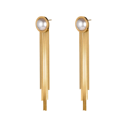 Aretes Largos Acero De Titanio Clásicos Con Flecos Y Perlas Artificiales