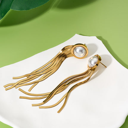 Aretes Largos Acero De Titanio Clásicos Con Flecos Y Perlas Artificiales