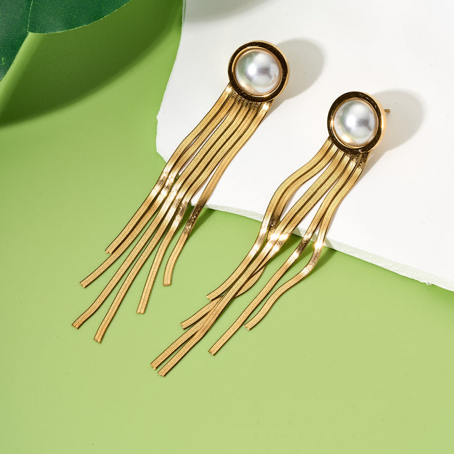 Aretes Largos Acero De Titanio Clásicos Con Flecos Y Perlas Artificiales