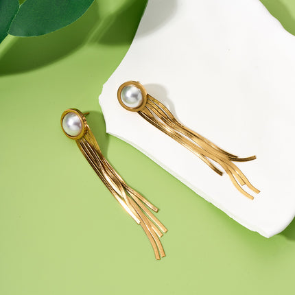 Aretes Largos Acero De Titanio Clásicos Con Flecos Y Perlas Artificiales