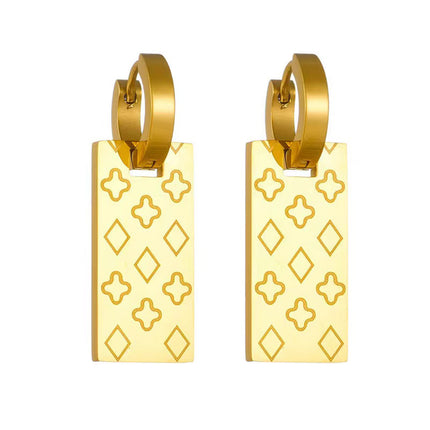 Pendientes Rectangulares Con Colgante Estampado, Aretes Elegante Chapados En 18K Oro
