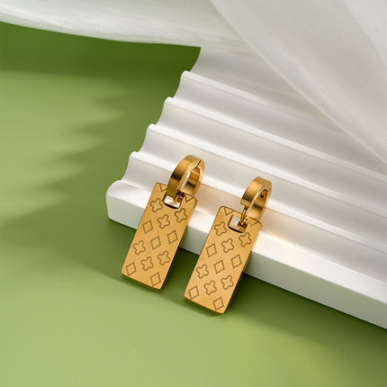 Pendientes Rectangulares Con Colgante Estampado, Aretes Elegante Chapados En 18K Oro