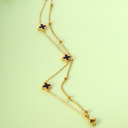 Tobillera Cadena Plana De Acero Inoxidable De Doble Capa Con Cuatro Hojas De Película Negra