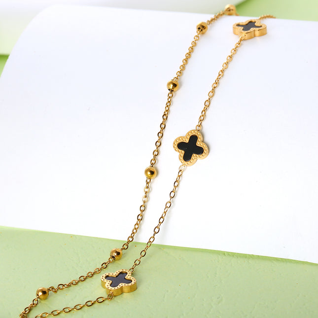 Tobillera Cadena Plana De Acero Inoxidable De Doble Capa Con Cuatro Hojas De Película Negra