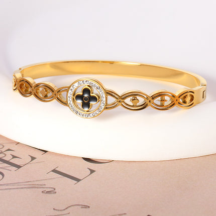 Pulsera Brazalete De Acero Inoxidable Flor De Cuatro Pétalos Y Diseño Calado