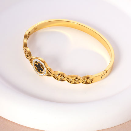 Pulsera Brazalete De Acero Inoxidable Flor De Cuatro Pétalos Y Diseño Calado