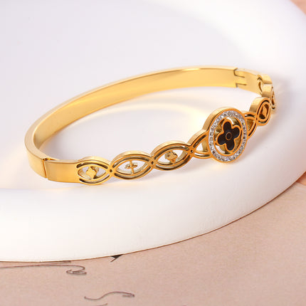 Pulsera Brazalete De Acero Inoxidable Flor De Cuatro Pétalos Y Diseño Calado