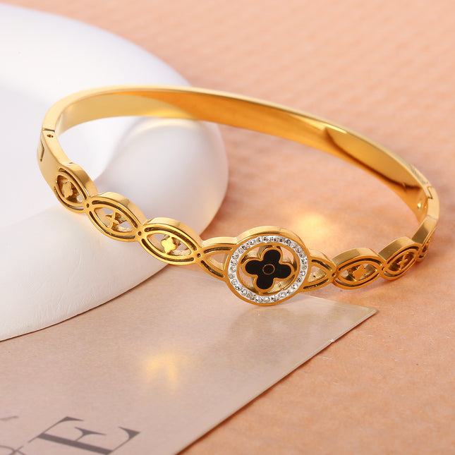 Pulsera Brazalete De Acero Inoxidable Flor De Cuatro Pétalos Y Diseño Calado