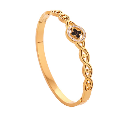Pulsera Brazalete De Acero Inoxidable Flor De Cuatro Pétalos Y Diseño Calado