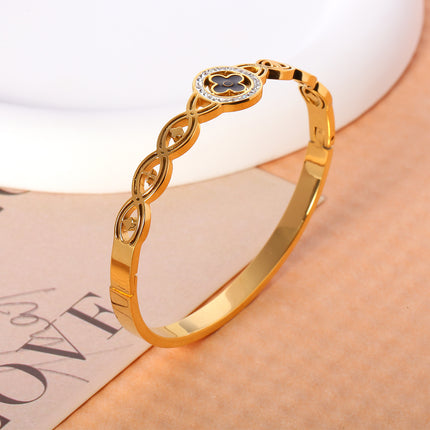 Pulsera Brazalete De Acero Inoxidable Flor De Cuatro Pétalos Y Diseño Calado