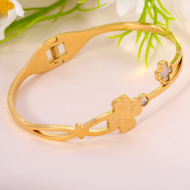 Pulsera Brazalete De Acero Inoxidable Con Flor De Cuatro Hojas