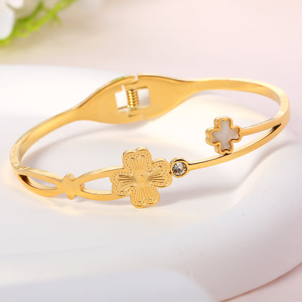 Pulsera Brazalete De Acero Inoxidable Con Flor De Cuatro Hojas