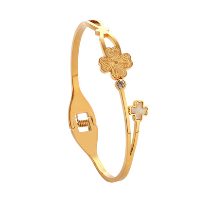Pulsera Brazalete De Acero Inoxidable Con Flor De Cuatro Hojas