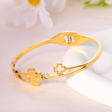 Pulsera Brazalete De Acero Inoxidable Con Flor De Cuatro Hojas