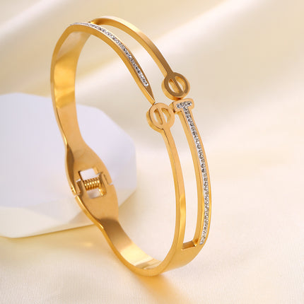 Pulsera Brazalete Doble Capa Con Zirconias Y Diseño Calado, Elegante