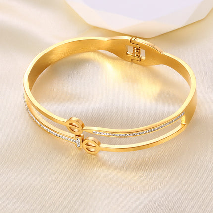 Pulsera Brazalete Doble Capa Con Zirconias Y Diseño Calado, Elegante