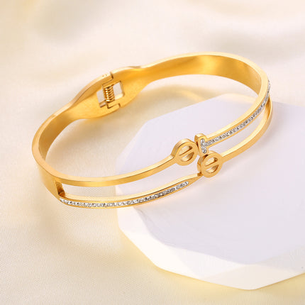 Pulsera Brazalete Doble Capa Con Zirconias Y Diseño Calado, Elegante