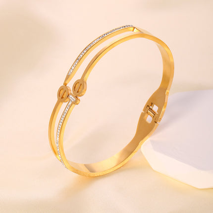 Pulsera Brazalete Doble Capa Con Zirconias Y Diseño Calado, Elegante