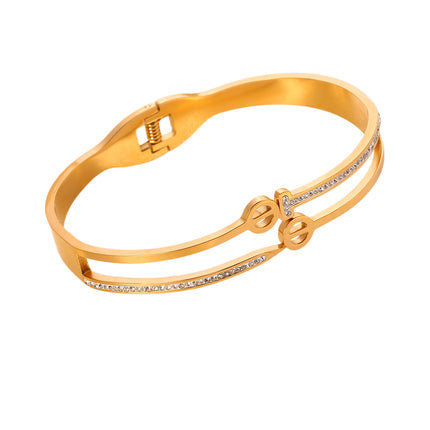 Pulsera Brazalete Doble Capa Con Zirconias Y Diseño Calado, Elegante
