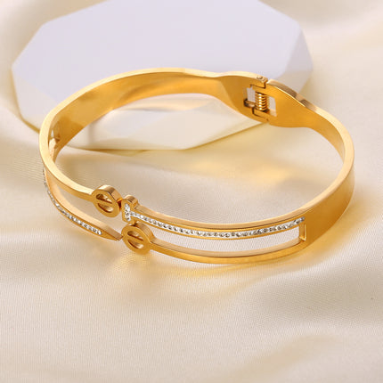Pulsera Brazalete Doble Capa Con Zirconias Y Diseño Calado, Elegante