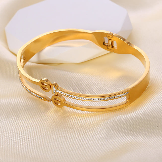 Pulsera Brazalete Doble Capa Con Zirconias Y Diseño Calado, Elegante