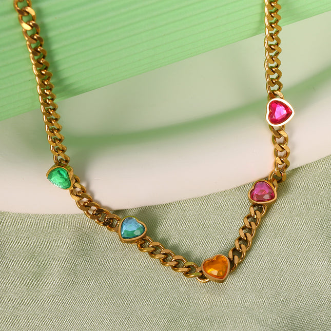 Collar Con Circonitas En Forma De Corazón De Colores De Acero Inoxiable