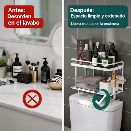 Estante De Baño Sobre Inodoro 2 Niveles Con Ganchos Sin Taladrar Blanco