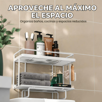 Estante De Baño Sobre Inodoro 2 Niveles Con Ganchos Sin Taladrar Blanco