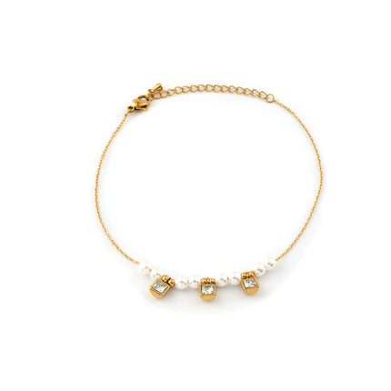 Tobillera Cadena Clásica De Acero Al Titanio De 18K De Perlas De Diamantes Cuadrados De Moda