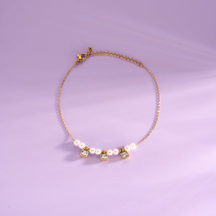 Tobillera Cadena Clásica De Acero Al Titanio De 18K De Perlas De Diamantes Cuadrados De Moda