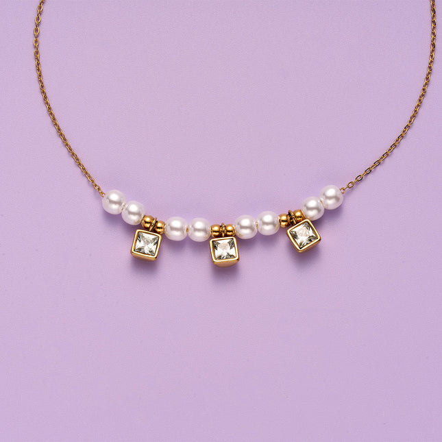 Tobillera Cadena Clásica De Acero Al Titanio De 18K De Perlas De Diamantes Cuadrados De Moda