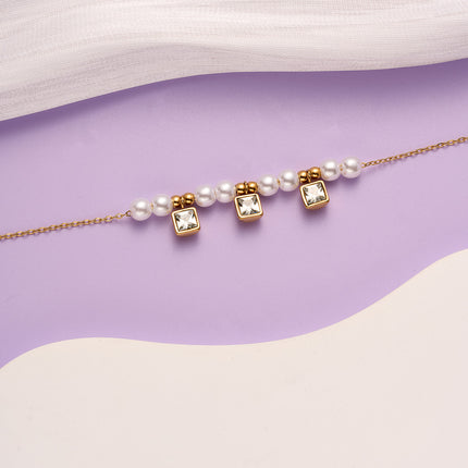 Tobillera Cadena Clásica De Acero Al Titanio De 18K De Perlas De Diamantes Cuadrados De Moda