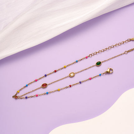 Tobillera De 18K Cadena De Acero Al Titanio De Moda Con Gemas De Colores