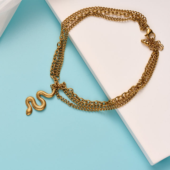 Tobillera Cadena Clásica En Ins De Acero Al Titanio De 18K Con Elemento De Serpiente Multicapa