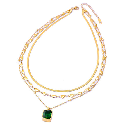 Collar De Múltiples Capas Oro 18K Con Colgante Geométrico De Circonita Verde