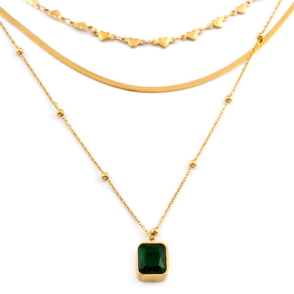 Collar De Múltiples Capas Oro 18K Con Colgante Geométrico De Circonita Verde