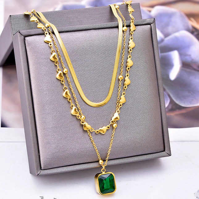 Collar De Múltiples Capas Oro 18K Con Colgante Geométrico De Circonita Verde