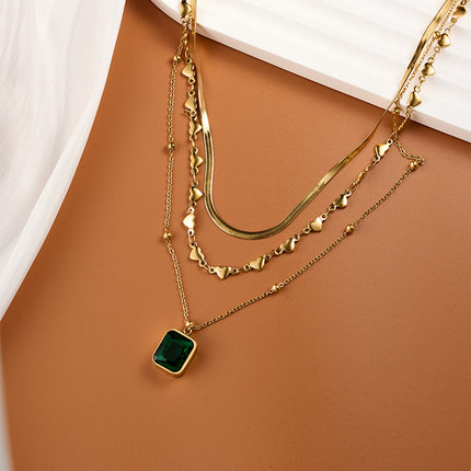 Collar De Múltiples Capas Oro 18K Con Colgante Geométrico De Circonita Verde