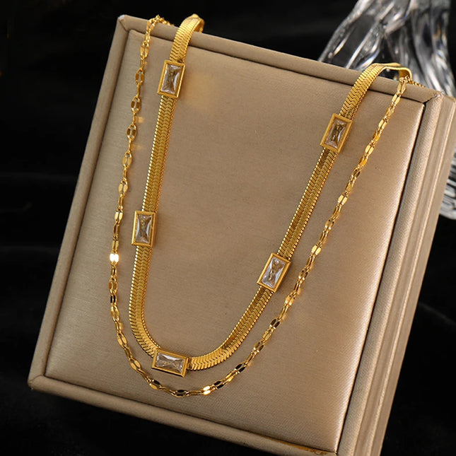 Collar De Serpiente Plana De Multicapas Con Geométrico Circón Moderno