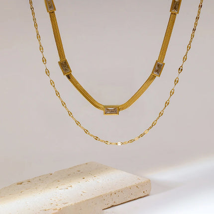 Collar De Serpiente Plana De Multicapas Con Geométrico Circón Moderno