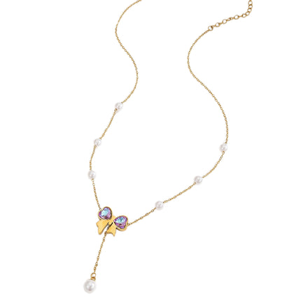 Collar De Mariposa Oro De 18K Acero Titanio Con Perlas Artificiales