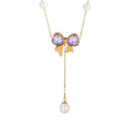 Collar De Mariposa Oro De 18K Acero Titanio Con Perlas Artificiales