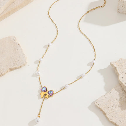 Collar De Mariposa Oro De 18K Acero Titanio Con Perlas Artificiales