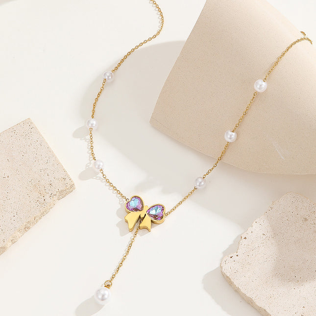 Collar De Mariposa Oro De 18K Acero Titanio Con Perlas Artificiales