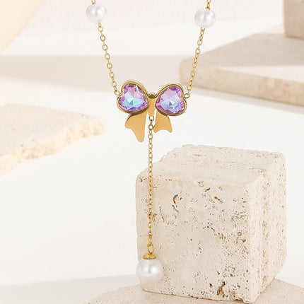 Collar De Mariposa Oro De 18K Acero Titanio Con Perlas Artificiales