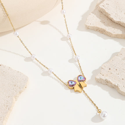 Collar De Mariposa Oro De 18K Acero Titanio Con Perlas Artificiales