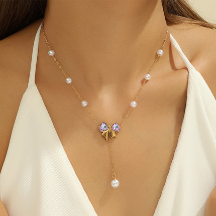 Collar De Mariposa Oro De 18K Acero Titanio Con Perlas Artificiales