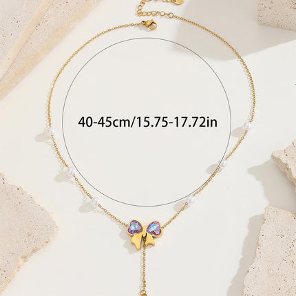Collar De Mariposa Oro De 18K Acero Titanio Con Perlas Artificiales