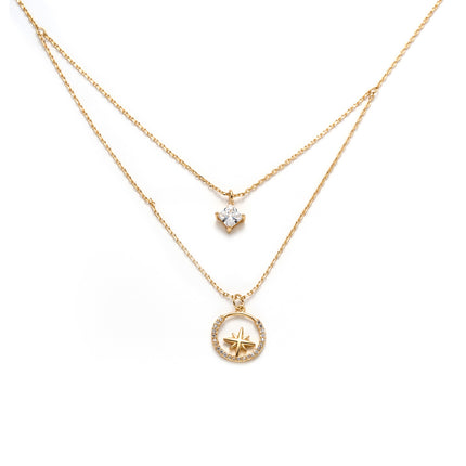 Collar Oro De 14K Con Colgante De Circonita Cuadrado Y Estrella En Círculo